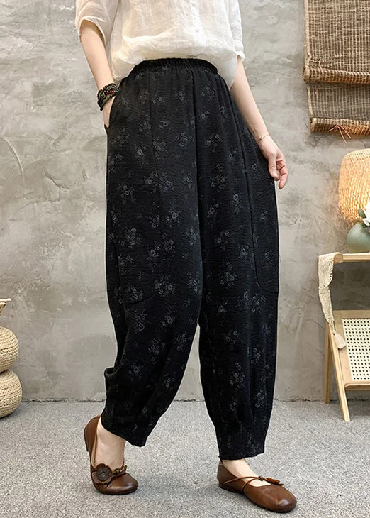 Plus Size Black Print Elastic Waist Cotton Crop Pants Summer