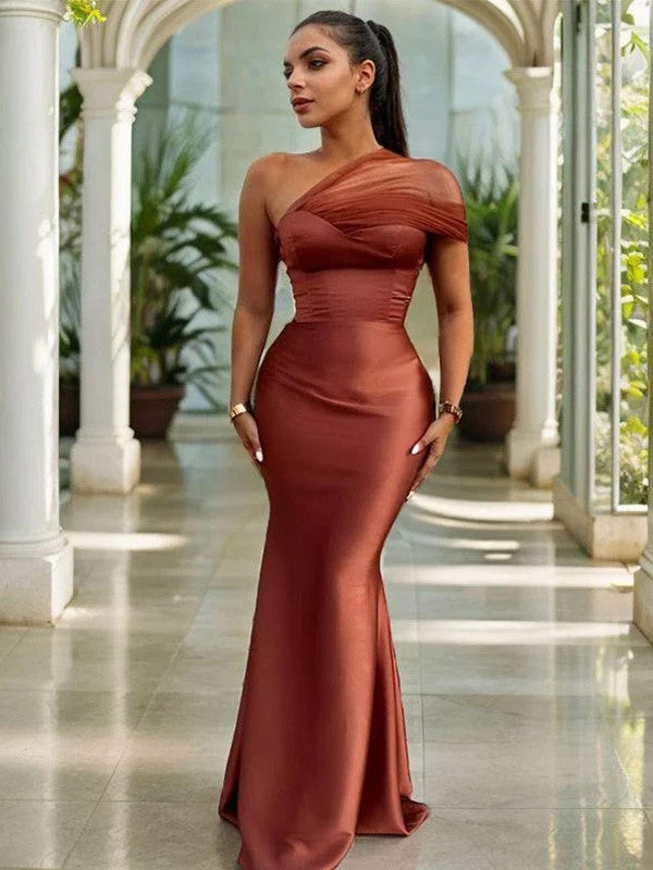 Tight one shoulder pleated and ground length satin bridesmaid dress