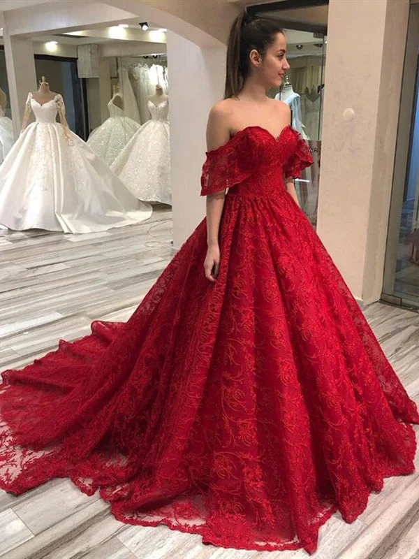 Off Shoulder Long A-line Red Lace Prom Dresses, Formal Dresses, Long Prom Dresses, 2020 Prom Dresses