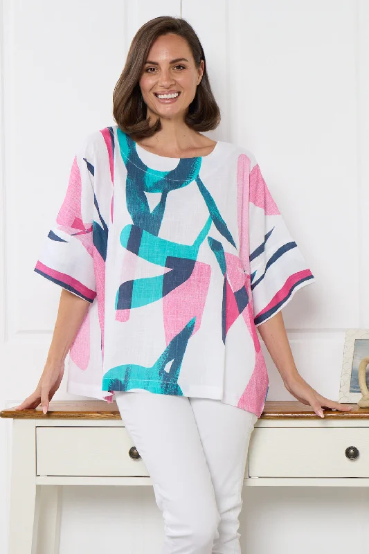 Kiara Linen Top - Teal/Flamingo Pink Swirl