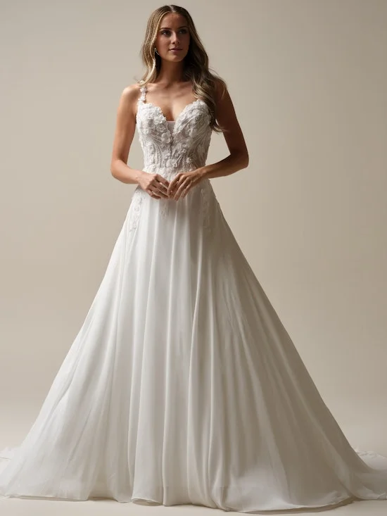 A-line deep V elegant floral off the shoulder and ground length wedding dress