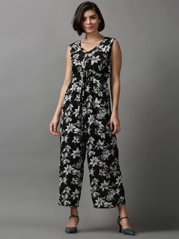 Women's Black Printed Jumpsuit-AE-15023-Black