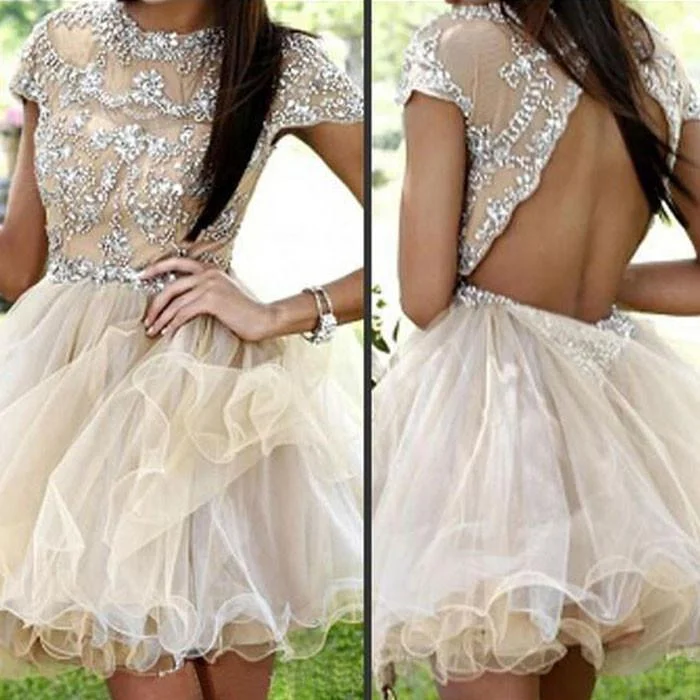 Short sleeve charming sparkly open back sexy homecoming prom gown dress,BD0047