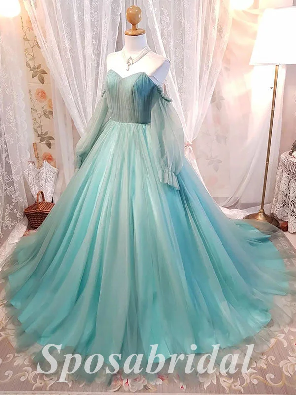 Elegant Tulle  V-Neck Long Sleeves A-Line Long Prom Dresses,PD3669