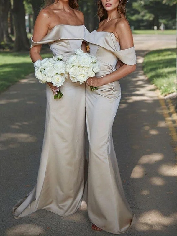 Tight off shoulder and floor length strapless satin bridesmaid dress