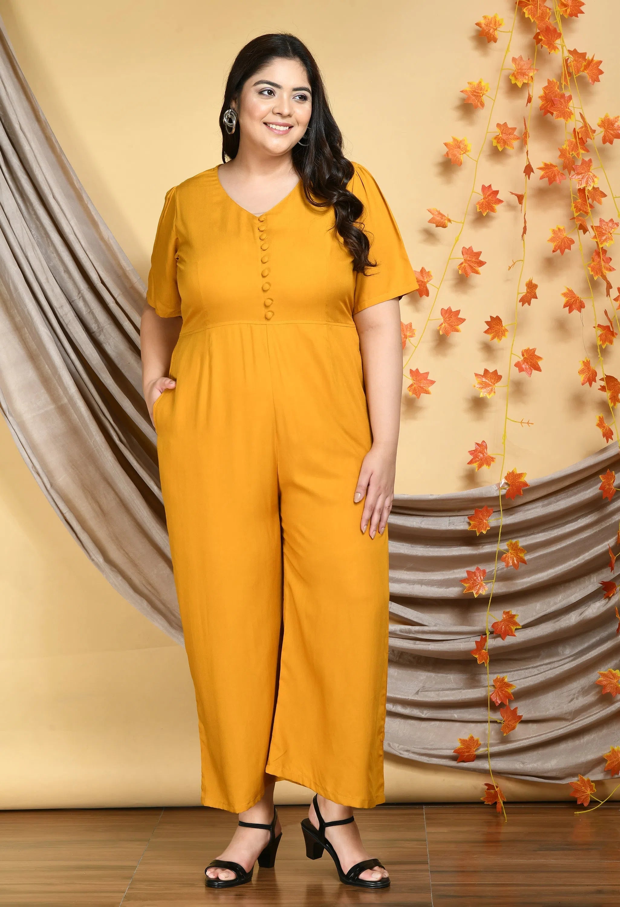 Women Solid Plus Size Mustard Jumpsuits & Sets