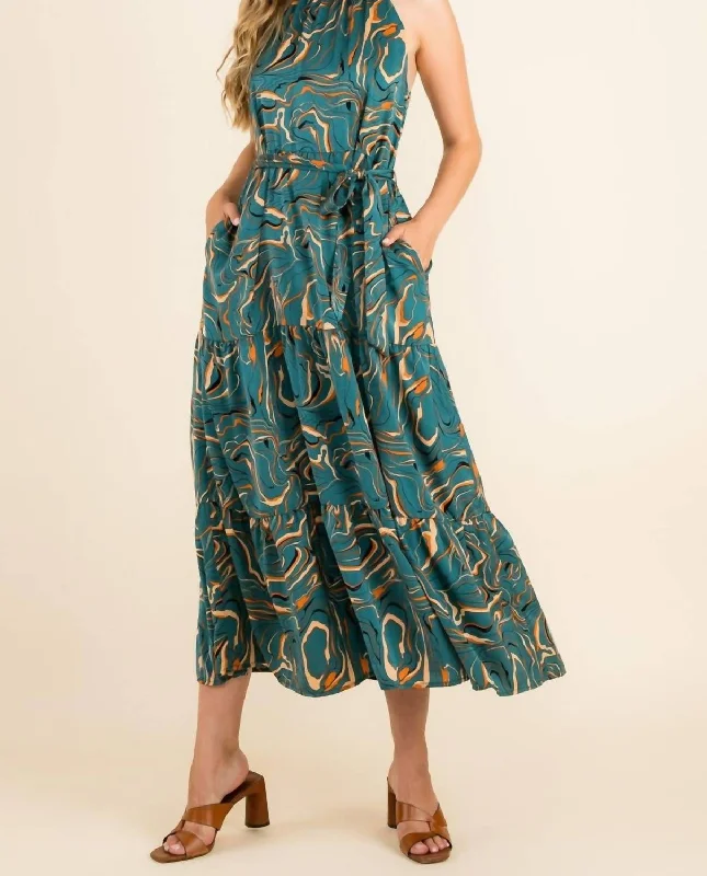 Halter Abstract Print Maxi Dress in Teal