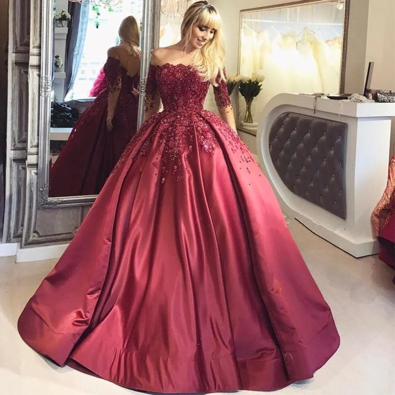 Dark Red Lace Long Sleeve Prom Dress,Off-the-Shoulder Formal Prom Dress, PD0862