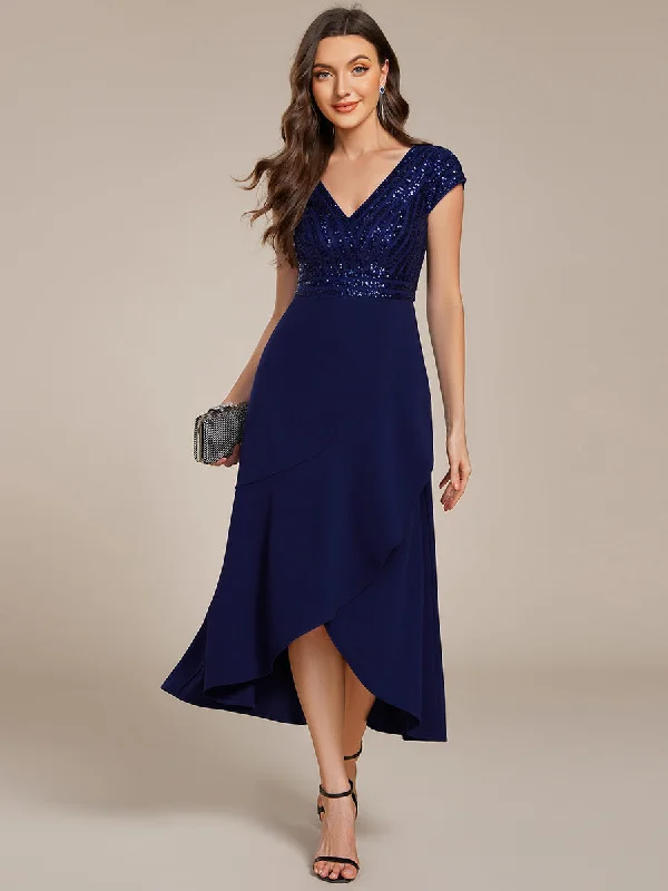 Asymmetrical Hem Short Sleeve V-Neck Formal Evening Dress with Paillette Detail