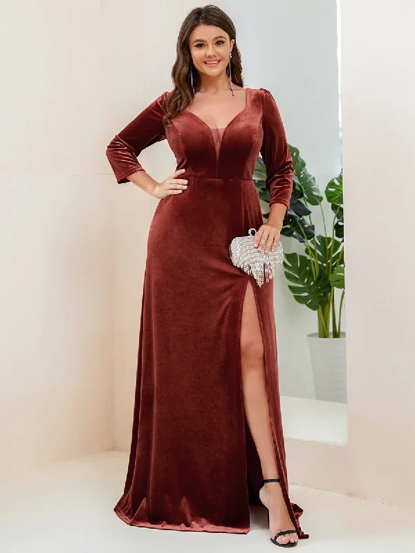 Plus Shiny Long Sleeves Deep V Neck A Line Wholesale Evening Dresses