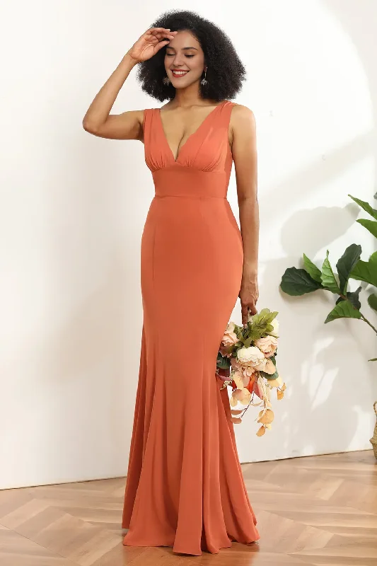 V-neck fishtail backless and floor length bridesmaid dress