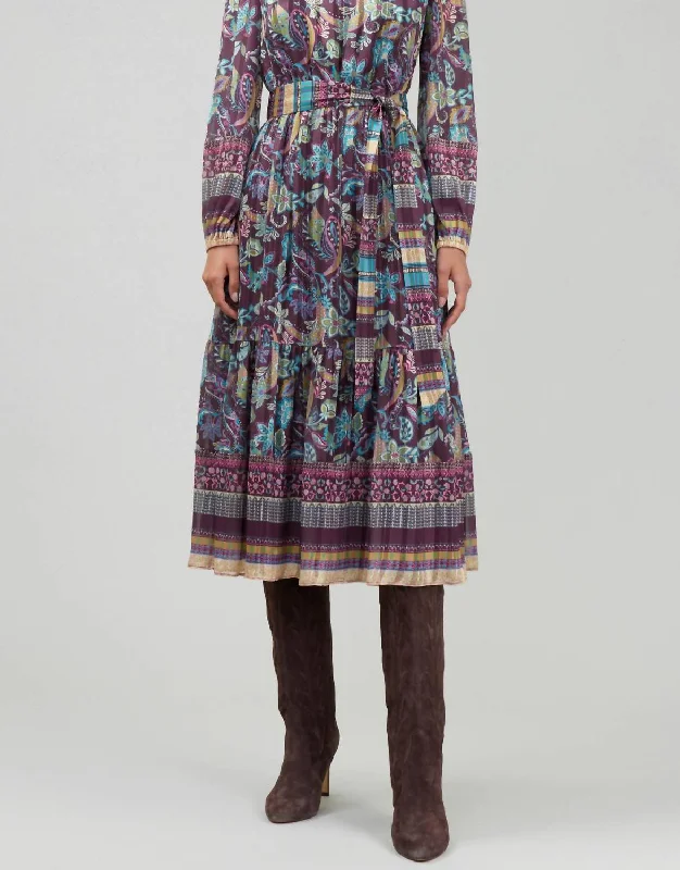 Belted Print Midi Dress In Plum Multi