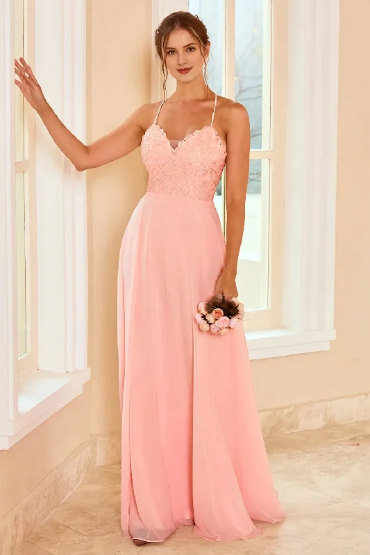 Lace thin shoulder belt powder blusher backless strapping floor length bridesmaid dress