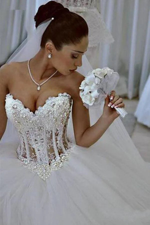 Ball Gown Lace Pearl Beads Unique Arabic Sweetheart White Tulle Princess Wedding Dress