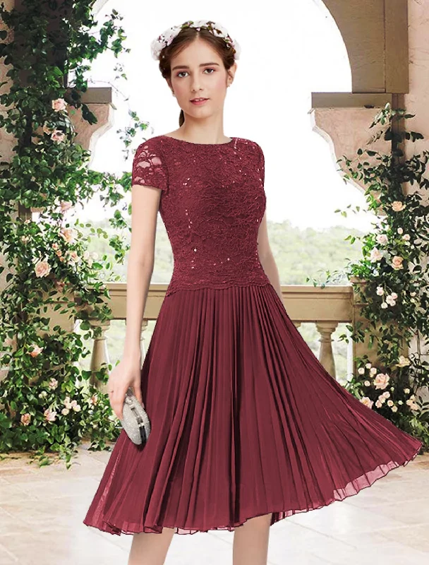 A-Line Bridesmaid Dress Jewel Neck Short Sleeve Elegant Knee Length Chiffon / Lace with Pleats