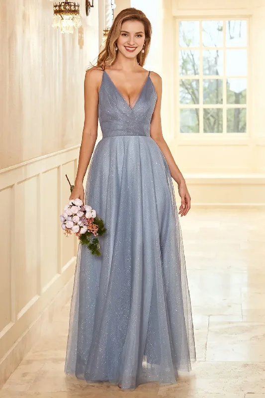 A-line thin shoulder strap gray blue long bridesmaid dress