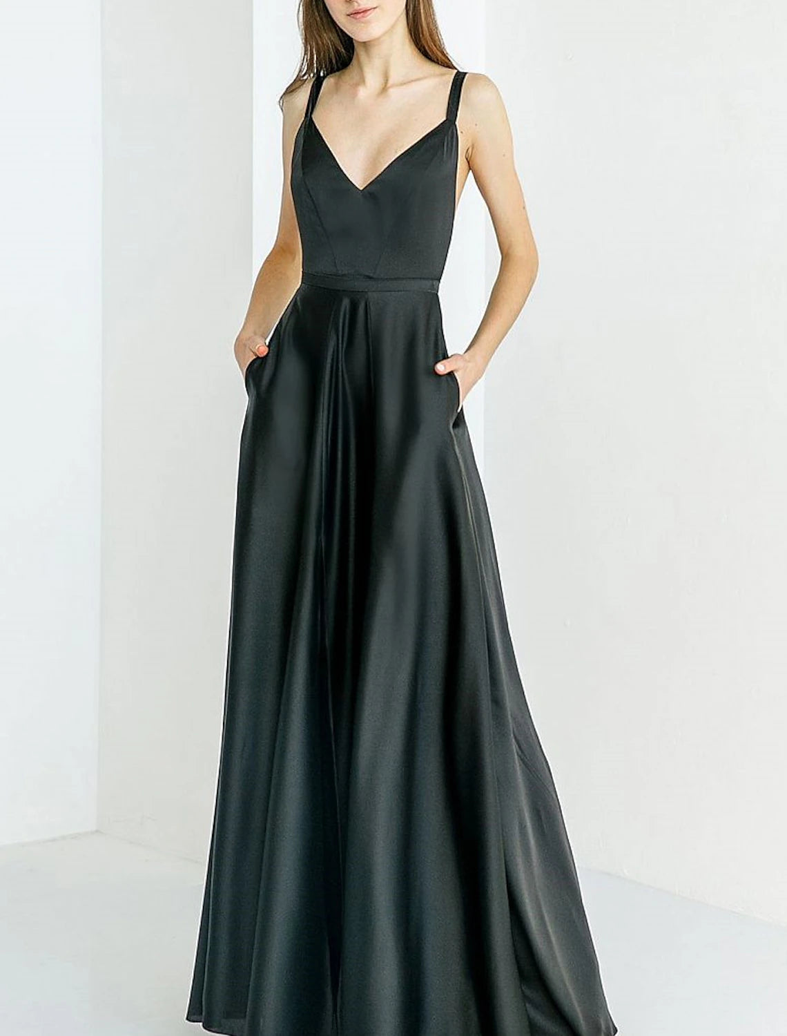 A-Line Bridesmaid Dress Spaghetti Strap Sleeveless Open Back Floor Length Stretch Satin with Split Front / Solid Color