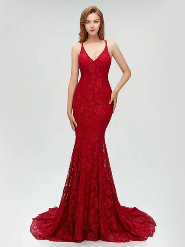 Charming Red Lace Spaghetti Straps Sexy Mermaid Prom Dresses, Evening Dress, PD0438