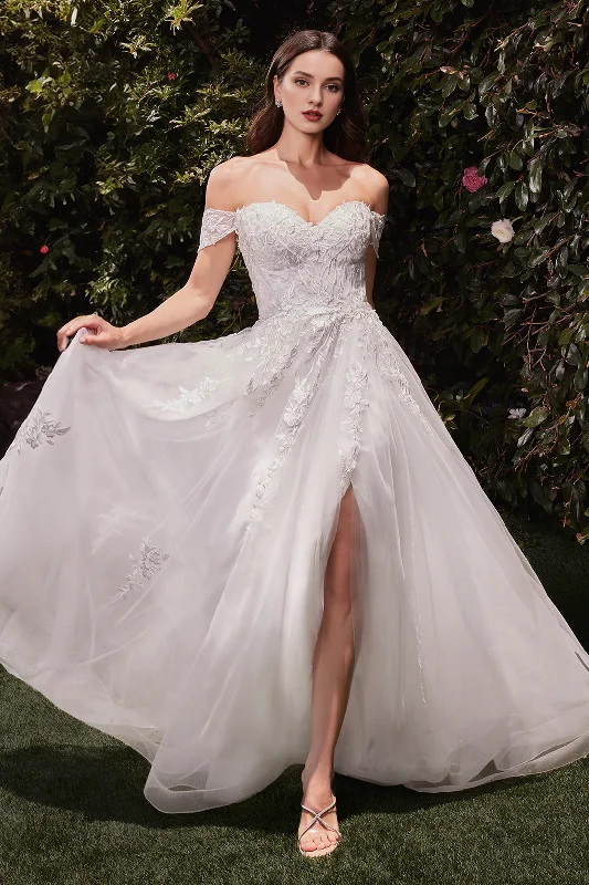 Lace applique long off shoulder and floor length wedding dress