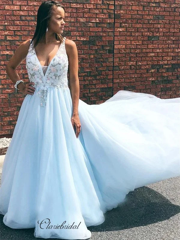 Tulle Elegant V-neck Prom Dresses, Appliques 2020 Prom Dresses, Evening Party Prom Dresses