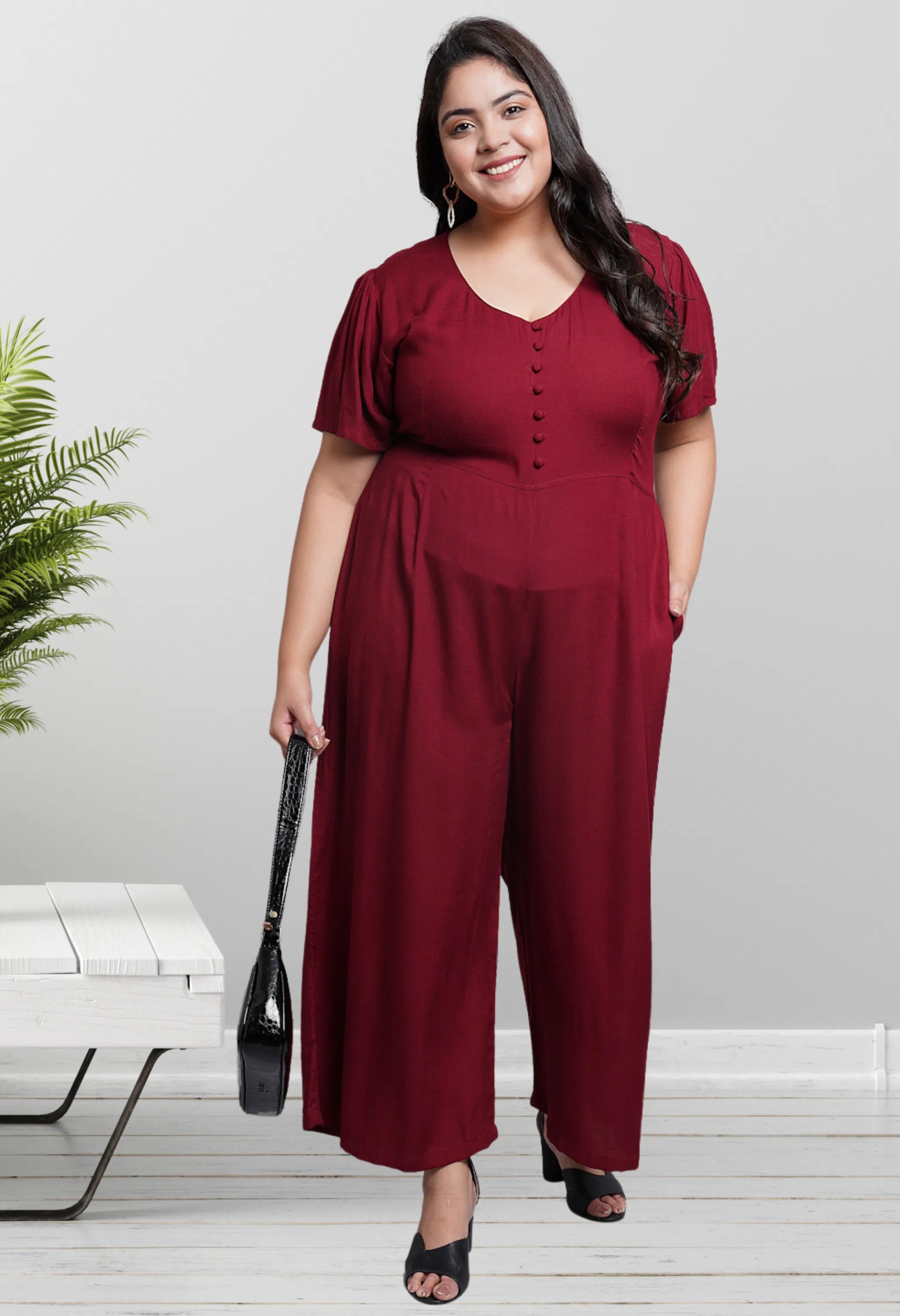 Women Solid Plus Size Maroon Jumpsuits & Sets