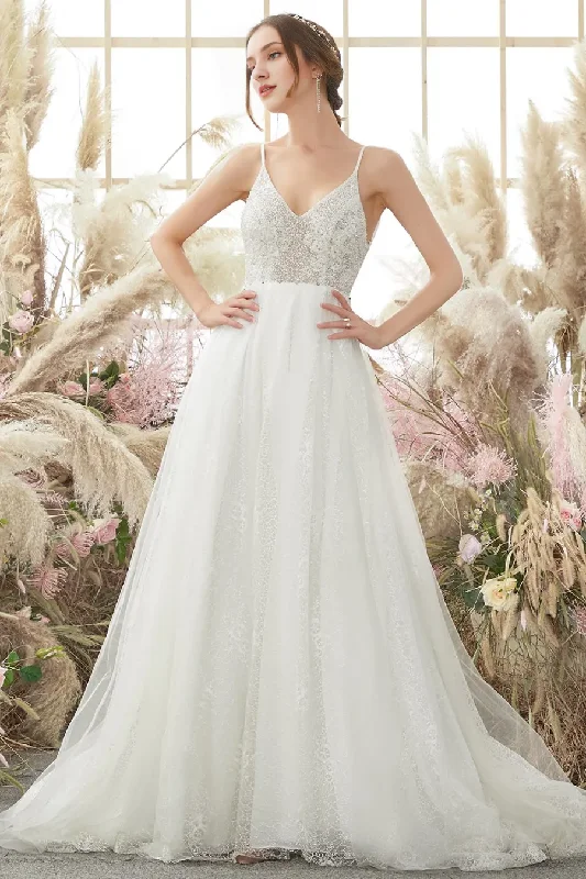 V-neck sleeveless thin shoulder strap and floor length wedding dress