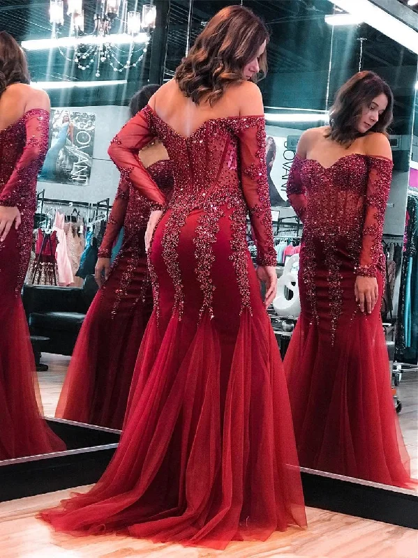 Off Shoulder Long Sleeves Dark Red Lace Beaded Prom Dresses, Mermaid Prom Dresses