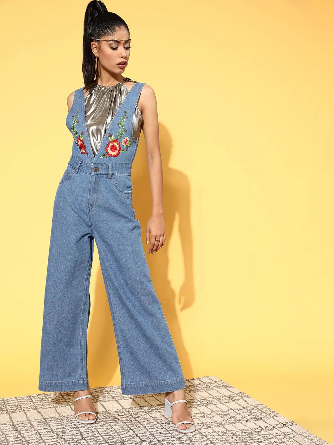 Women Embroidered Blue Jumpsuits & Sets