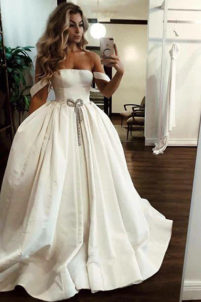 Ball Gown Off the Shoulder Satin Bateau Long Wedding Dresses with Pockets Bridal Dress