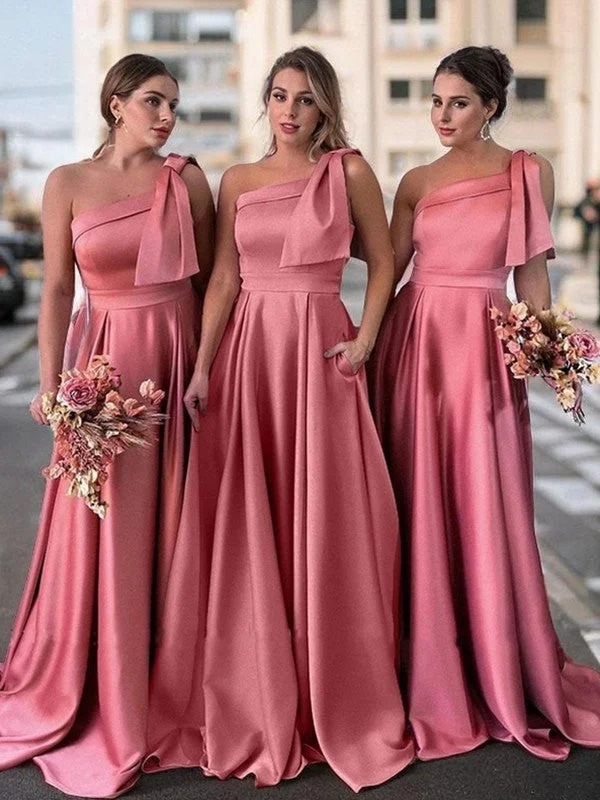 One shoulder to ground length satin bridesmaid dress