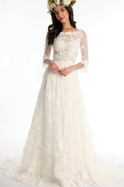 A line Bateau Half Sleeve Lace Wedding Dress With Sweep Train V Back Bridal Dress