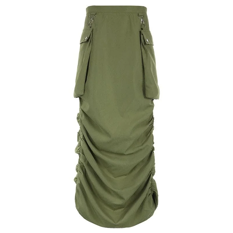 Ruched solid button cargo pocket zip-up midi skirt