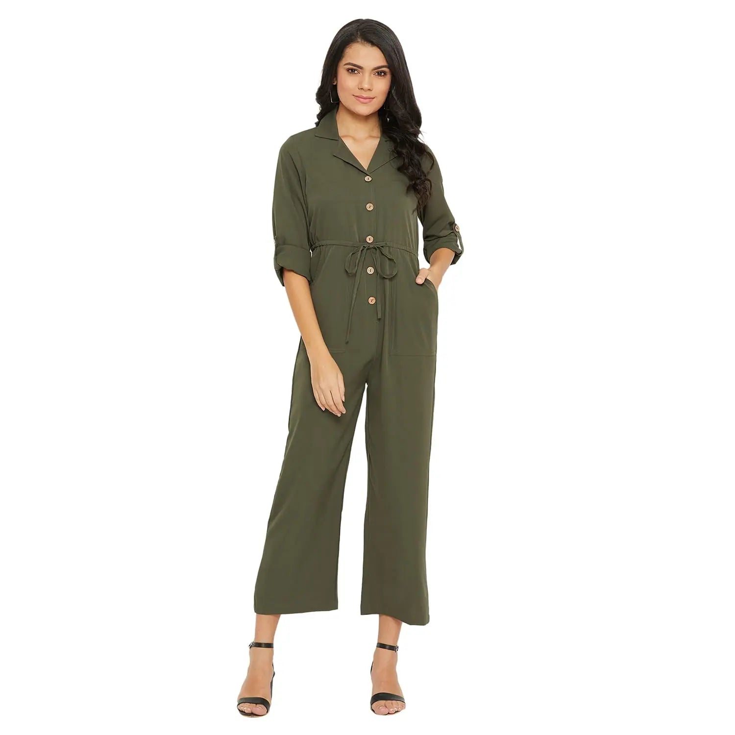 Women Solid Standard Olive Jumpsuits & Sets