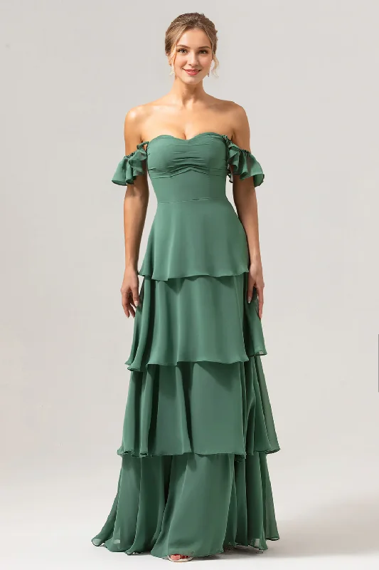 Eucalyptus A-line off shoulder layered bridesmaid dress