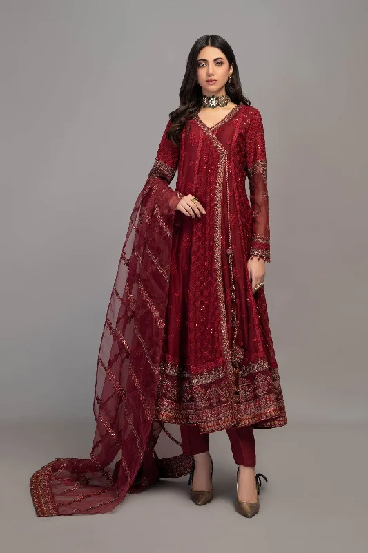 Classic Red Embroidered Chiffon Pakistani Party Wear Angrakha frock