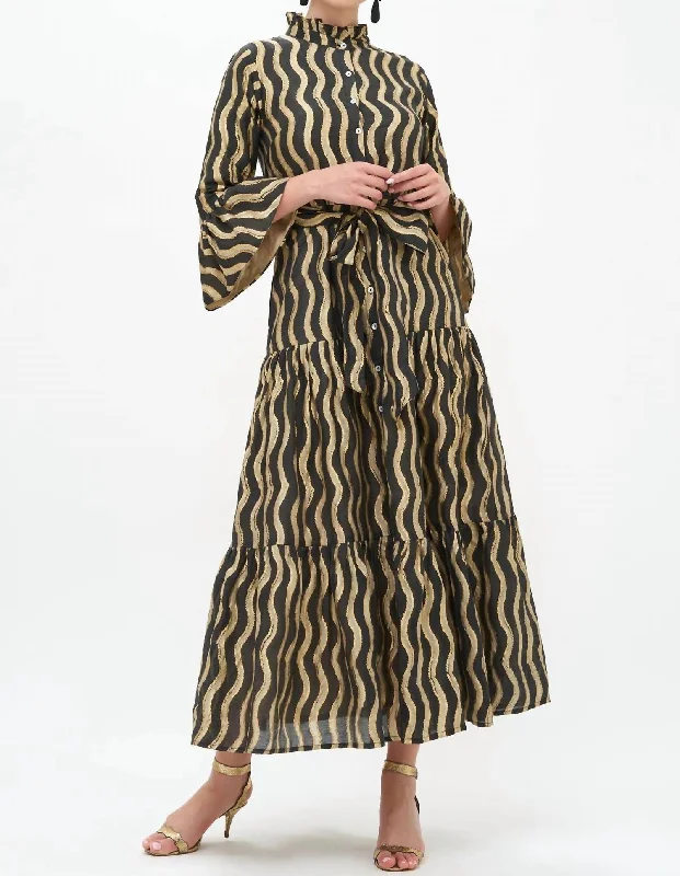 Ruffle Collar Bell Maxi Dress In Black/ankara