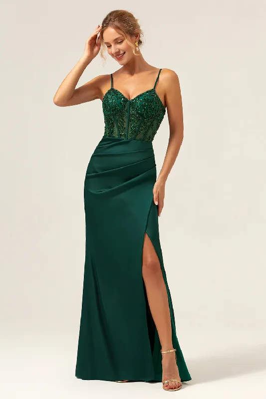 Fish tail thin shoulder strap satin long dark green slit bridesmaid dress