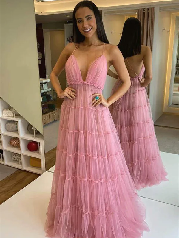 Spaghetti Pinl Tulle Prom Dresses, Lovely Prom Dresses, Formal Dresses, 2020 Prom Dresses