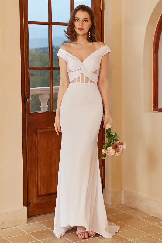 Off shoulder white backless and floor length fishtail wedding dress