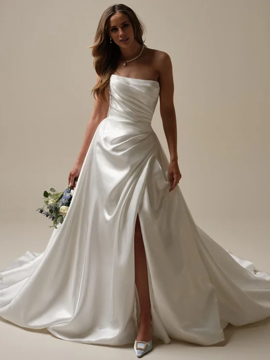 Asymmetric A-line satin and floor length wedding dress