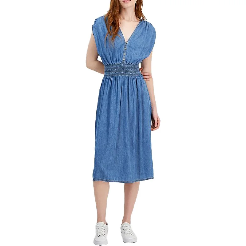 Womens Button Shirred Midi Dress