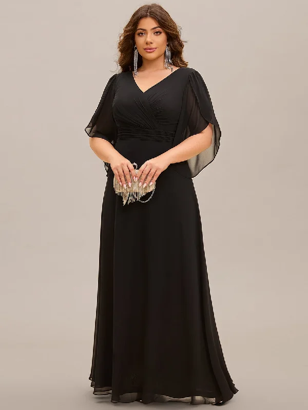 Plus Size Elegant A-Line Half Bud Sleeves Chiffon Evening Dresses with Pleated Decoration