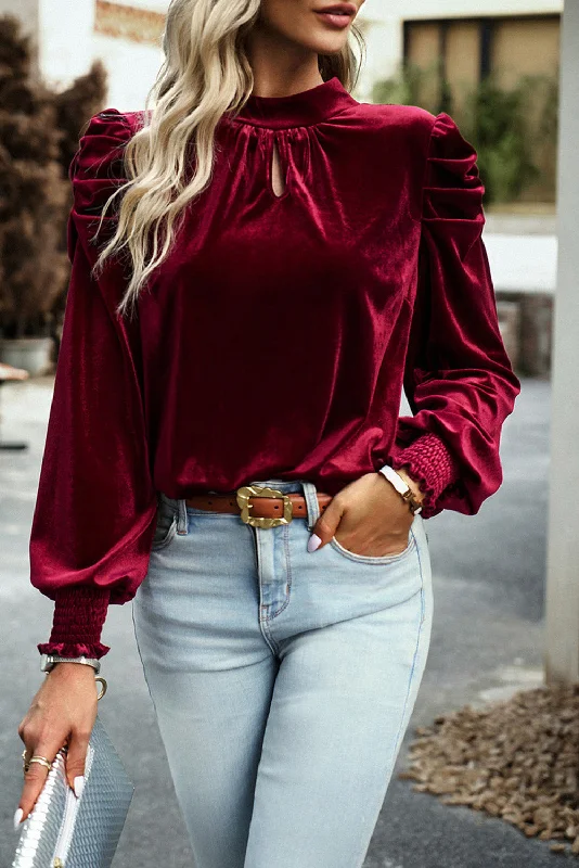 Fiery Mock Neck Puff Sleeve Velvet Blouse